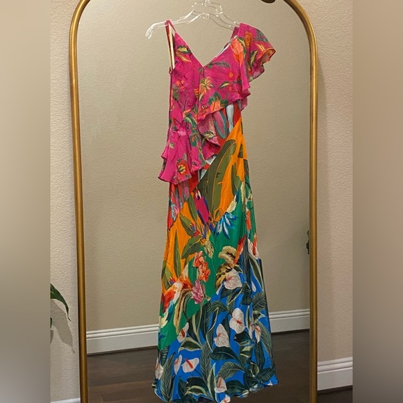 FARM Rio Mixed Flowery Ruffle One Shoulder Midi Dress Size M - Picture 5 of 16